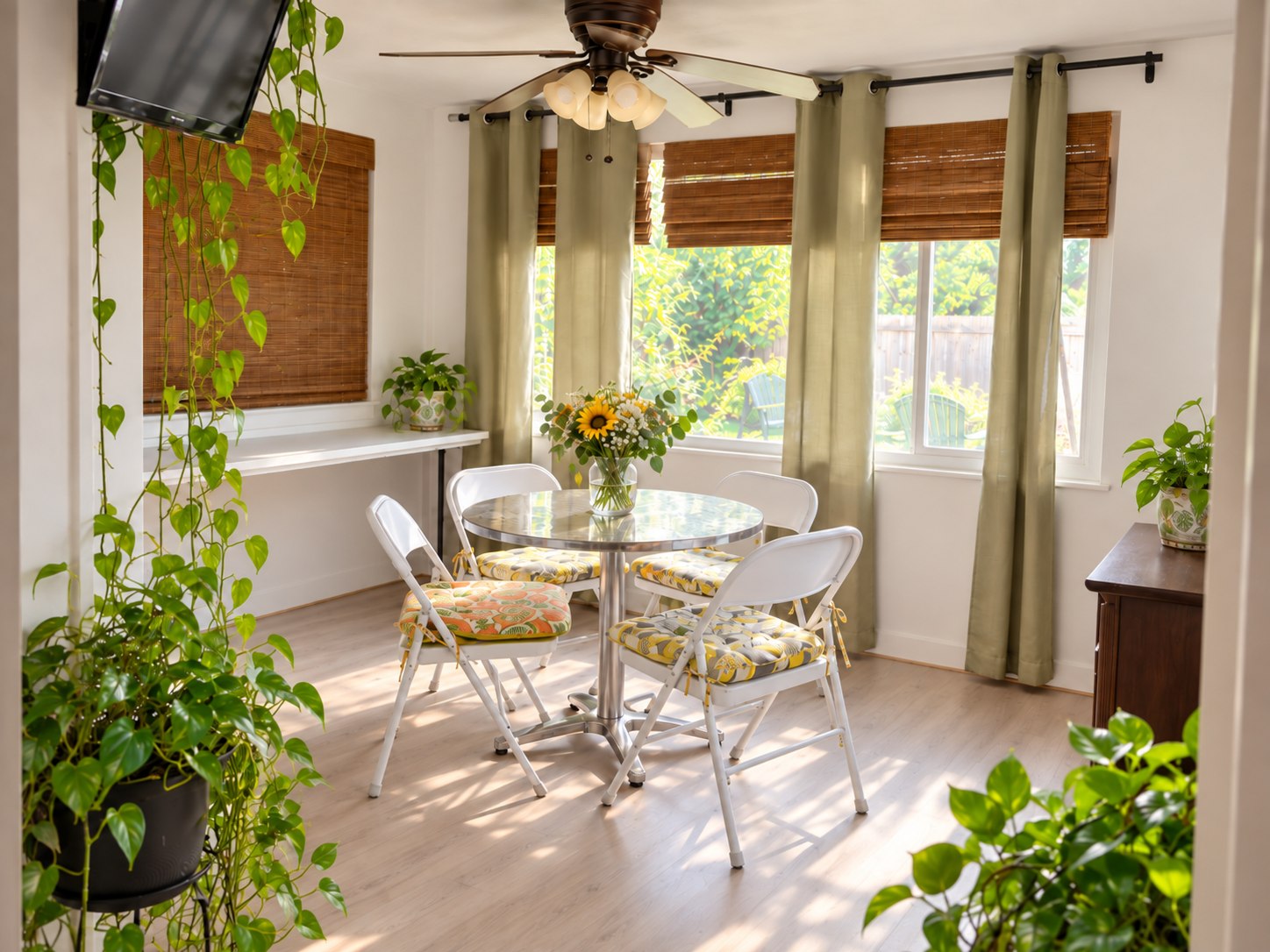Sunlit dining nook with round table, four chairs, and plants