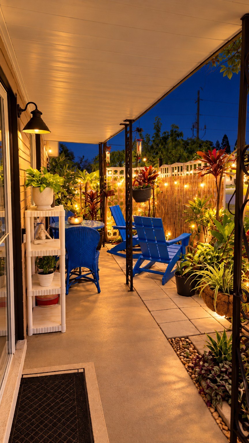 Front porch at dusk with blue chairs, tropical plants, and warm string lights