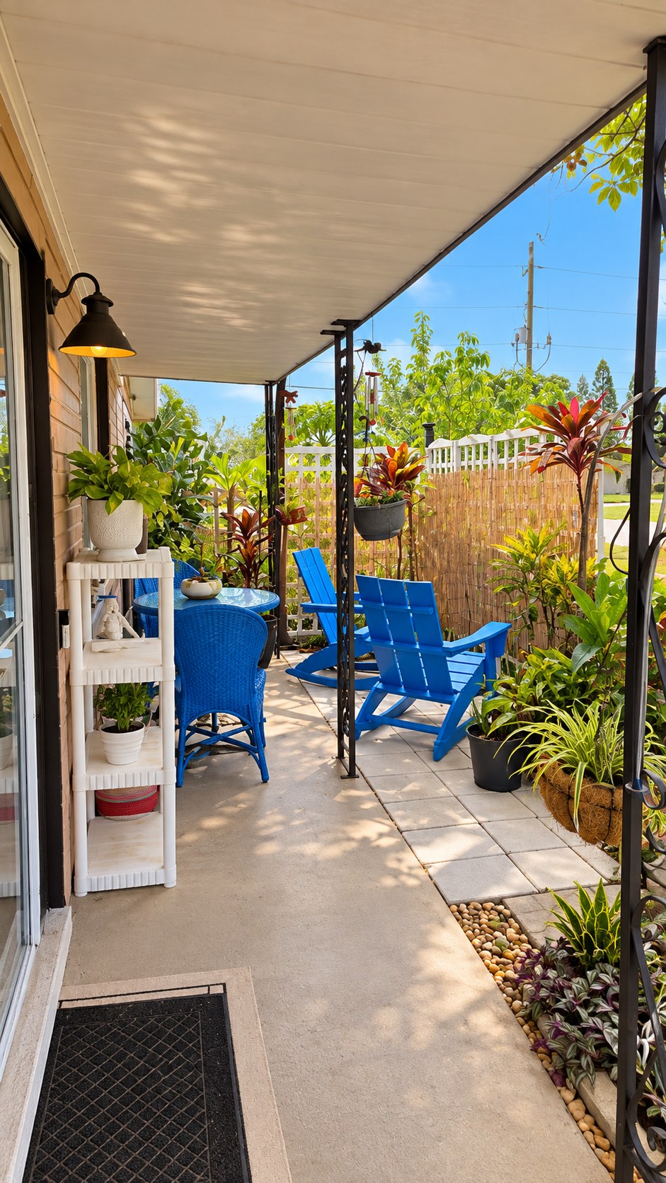 Sunny front porch with blue chairs and lush tropical plants at Suncoast Tropical Garden Retreat