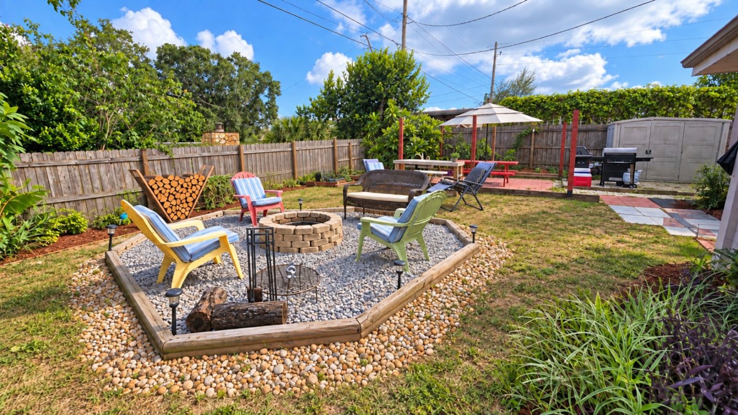 Backyard · Firepit seating at Suncoast Tropical Garden Retreat