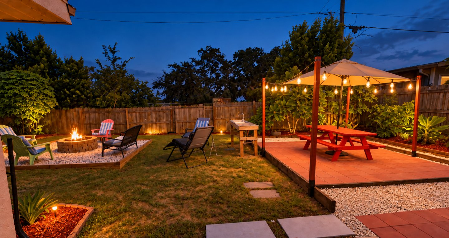 Backyard · Evening lights at Suncoast Tropical Garden Retreat