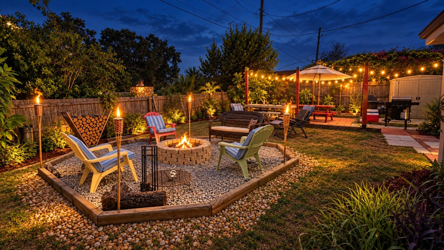 Backyard · Fireside evenings at Suncoast Tropical Garden Retreat